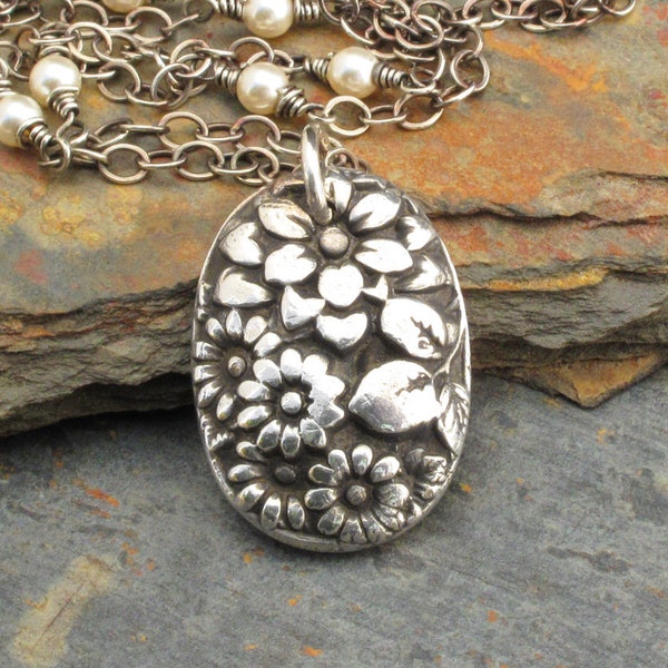 PMC Fine Silver Sterling Silver Necklace, flower pendant necklace, PMC flower pendant, fine silver flower necklace, OOAK flower pendant