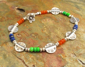 Turquoise carnelian lapis hill tribe silver bacelet, multi gemstone bracelet, hill tribe silver charm, lapis lazuli, silver flower charm