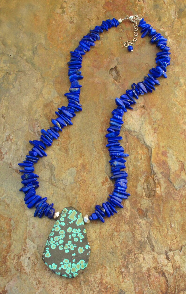 Turquoise lapis necklace, chunky necklace, bohemian necklace, rustic gemstone necklace, southwest necklace, turquoise pendant, lapis lazuli image 2