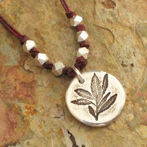 PMC Irish linen leaf necklace, metal clay leaf pendant, botanical jewelry, knotted linen necklace, yoga necklace, precious metal clay