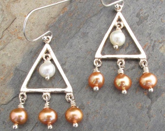 Pearl Sterling Silver Earrings, silver triangle earrings, Sundance earrings, freshwater pearl chandelier earrings, sterling pearl triangle