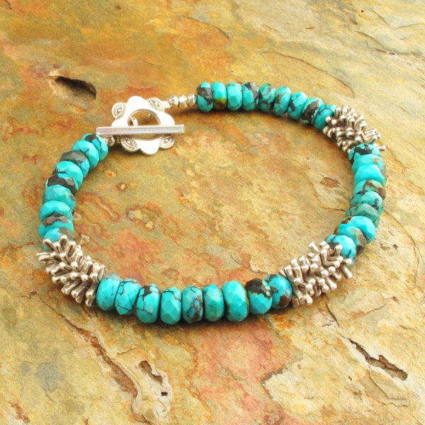 Turquoise hill tribe silver wrap bracelet, turquoise cuff bracelet, southwest turquoise leather bracelet, bohemian, silver flower clasp