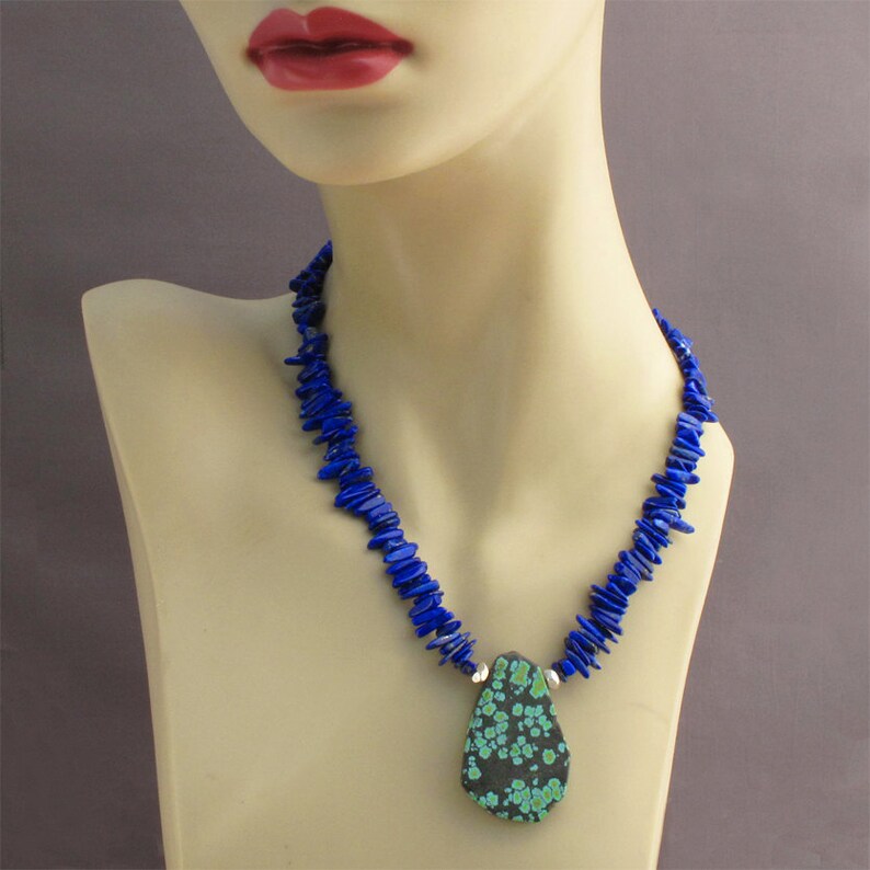 Turquoise lapis necklace, chunky necklace, bohemian necklace, rustic gemstone necklace, southwest necklace, turquoise pendant, lapis lazuli image 5