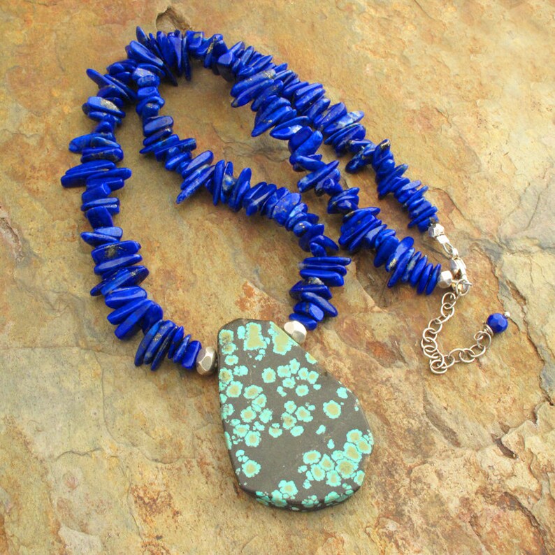Turquoise lapis necklace, chunky necklace, bohemian necklace, rustic gemstone necklace, southwest necklace, turquoise pendant, lapis lazuli image 4