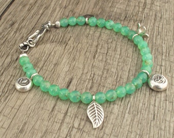 Gemstone bracelet, silver bracelet, chrysoprase Bracelet, charm bracelet, hill tribe silver, lotus, om, leaf, bohemian, flower, heart