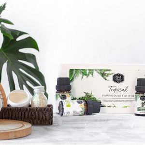 Op de afbeelding: Een set van zes kleine glazen flesjes met etherische oliën in een witte doos met de tekst "Tropical Essential Oil Set - Set of Six" op de voorkant. De flesjes zijn gelabeld met verschillende tropische planten en hebben zwarte dopjes. De doos staat op een wit oppervlak.