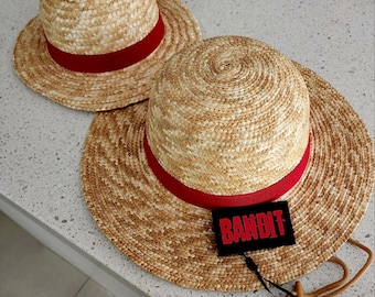L - XL PREMIUM Bandit Straw hat - for cosplay or everyday wear - with Drawstring and wooden toggle One Piece Luffy