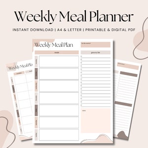 May include: Printable weekly meal planner with sections for meals, grocery list, and notes. The planner has a light brown and pink color scheme with a modern design.