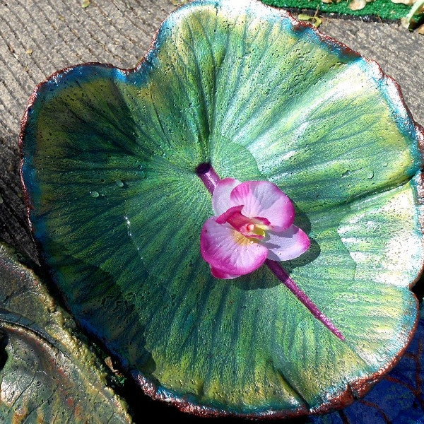 Concrete birdbath, birdfeeder, bird bath, leaf, cement birdbaths, yard art, garden decor (Cement Leaf 6129-11.5 x 10") stands over flowers