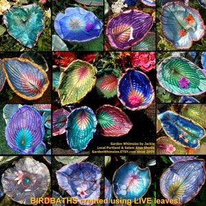 FIVE LEAVES--Bird Baths / Feeders  (METALLIC custom colors) Concrete garden sculpture stands over flowers in garden (Each around 5x8&quot;)