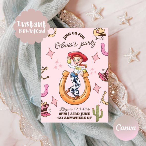 Jessie Cowgirl ToyStory Birthday Invitation | Pastel Pink Party Invite (Digital Download)