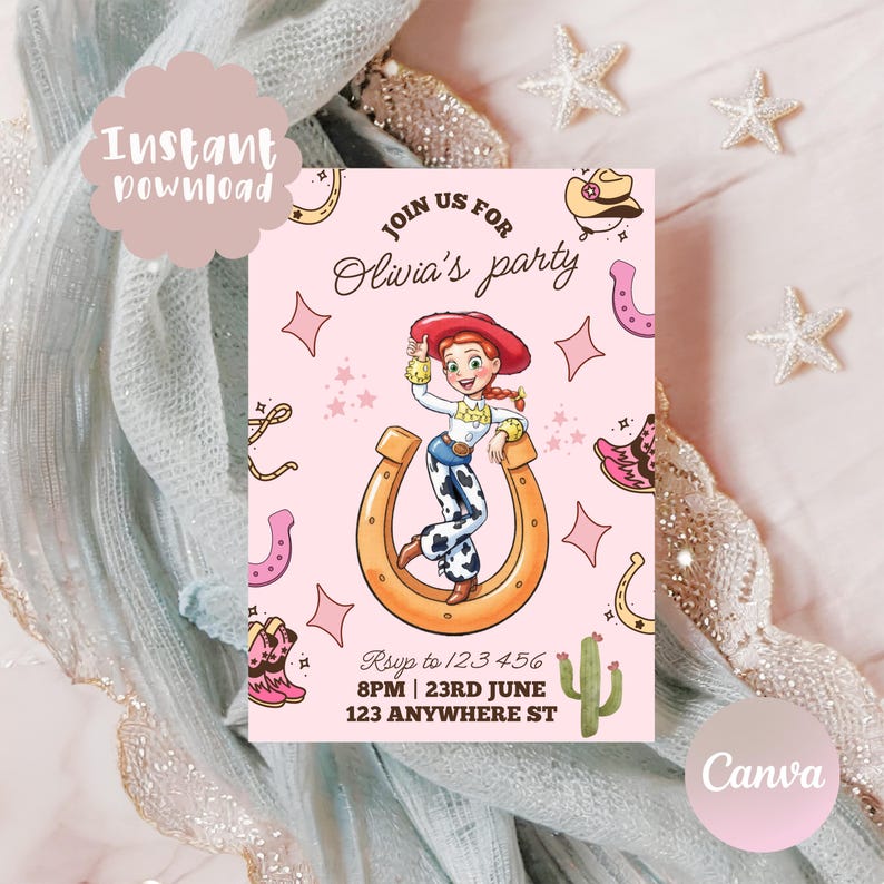 May include: A pink party invitation featuring a cartoon cowgirl character, a horseshoe, and other western-themed illustrations. The invitation includes the text "Join us for Olivia's party" and RSVP details. The words "Instant Download" and "Canva" are also visible.