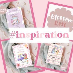 May include: A collection of pink-themed birthday party invitations. The invitations feature cartoon characters, floral accents, and the text "Summer's Birthday Party", "Hettie's Birthday Party", and "Alfredo's". The image also includes the word "inspiration".