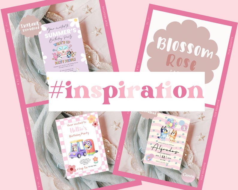May include: A collection of pink-themed birthday party invitations. The invitations feature cartoon characters, floral accents, and the text "Summer's Birthday Party", "Hettie's Birthday Party", and "Alfredo's". The image also includes the word "inspiration".