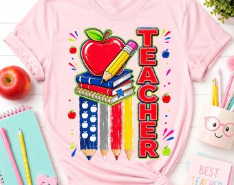 Teacher PNG, Pencil Apple School Shirt Design Digital Download