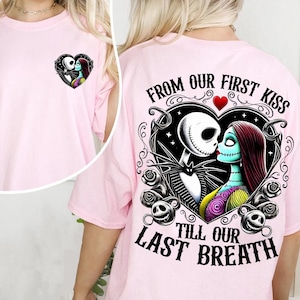 a woman wearing a pink shirt with a skeleton on it