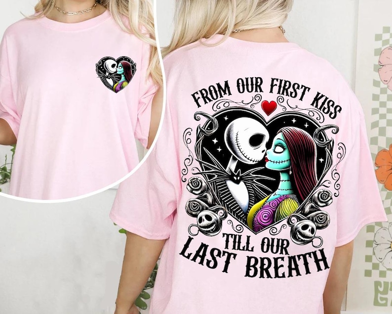 a woman wearing a pink shirt with a skeleton on it