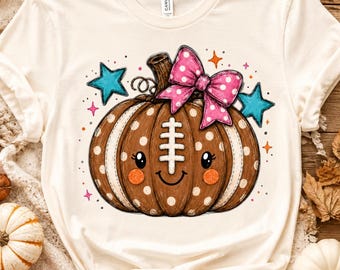 Football Pumpkin PNG, Cute Fall Sports Design, Pink Bow Coquette Football Sublimation