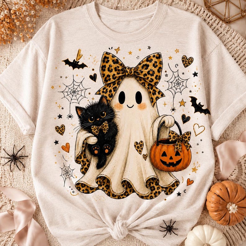A white t-shirt with a Halloween-themed design featuring a ghost, a cat, a pumpkin, and various other Halloween-related elements.