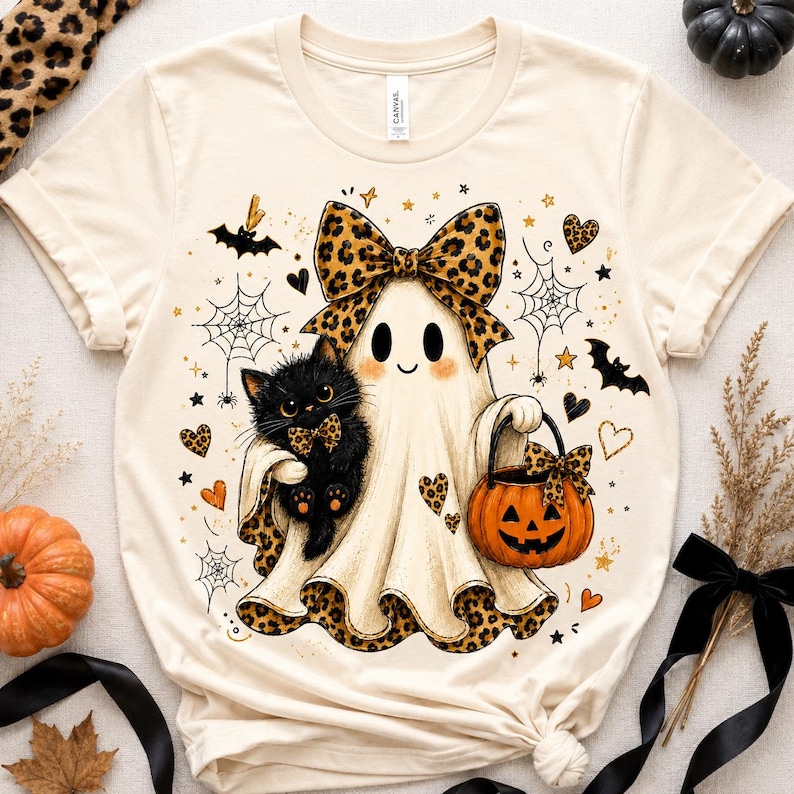 A white t-shirt with a Halloween-themed design featuring a ghost, a cat, a pumpkin, and various Halloween symbols.