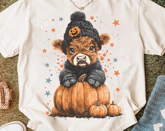 Funny Highland Cow Halloween Shirt Png - Fall Pumpkin Moo Sublimation Design - Retro Cow Ghost Png For Autumn Fall Season