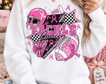 Tackle Cancer PNG, Breast Cancer Awareness Football Design, Pink Ribbon Cheer Game Day Graphic, Sports Mom Sublimation PNG