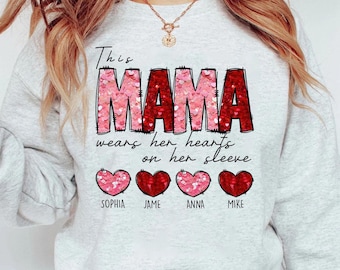 Mama's Valentine Sublimation Design This Mama Wear Her Heart PNG Faux Sequin Design, Personalized Valentine Shirt PNG Sequin Valentine Png