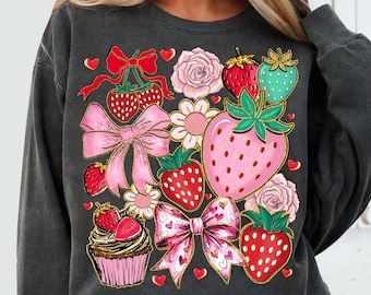 Preppy Strawberry PNG Sublimation, Summer Fruit Coquette Bow Sublimation Design, Boho Festival Strawberry Floral Graphic Png