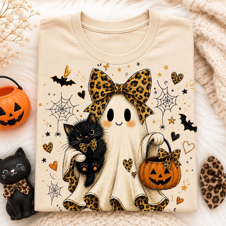 a Halloween-themed t-shirt with a ghost, a cat, a pumpkin, and other Halloween-related elements.