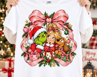 Pink Christmas PNG, Green Holiday Character Girl Dog Design, Coquette Christmas Bow Graphic, Cute Festive Sublimation PNG