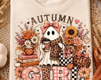 Autumn Girl at Heart PNG, Cute Fall Ghost Design, Pumpkin Spice Floral Sublimation