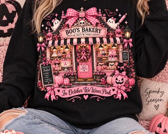 Boo’s Bakery PNG, In October We Wear Pink Design, Breast Cancer Halloween Bakery Graphic, Pink Ribbon Sublimation PNG