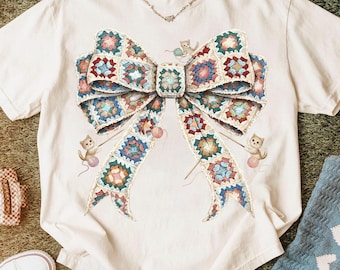 Granny Square Crochet Bow PNG, Kitten Sublimation Design (Digital Download)