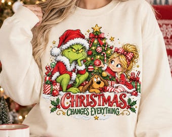 Christmas Changes Everything PNG, Green Holiday Character Girl Dog Design, Christmas Tree Friends Graphic, Festive Sublimation PNG