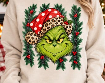 Leopard Santa Hat Christmas PNG, Green Holiday Character Design, Holly Wreath Festive Graphic, Retro Christmas Sublimation PNG