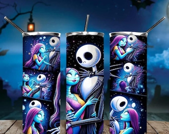 Nightmare Before Christmas 20oz Tumbler Wrap PNG, Jack Sally 20 oz Tumbler, Nightmare Halloween Spooky, 20oz Stainless Steel Tumbler wrap
