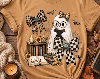 Spooky Book Lover PNG, Cute Reading Ghost with Books, Halloween Librarian Sublimation Design