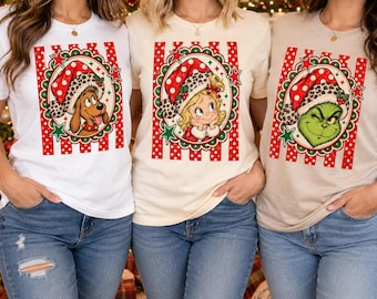Leopard Christmas PNG, Cute Holiday Character Trio Design, Santa Hat Dog Girl Green Character Graphic, Retro Christmas Sublimation PNG