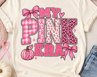 My Pink Era PNG, Breast Cancer Awareness Design, Pink Ribbon Pumpkin Bow Graphic, Coquette October Shirt Sublimation PNG