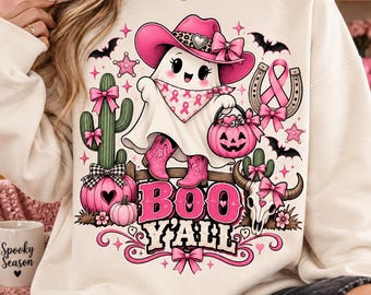 Pink Cowgirl Ghost PNG, Breast Cancer Awareness Halloween Design, Western Pink Ribbon Pumpkin Graphic, Boo Y’all Sublimation PNG