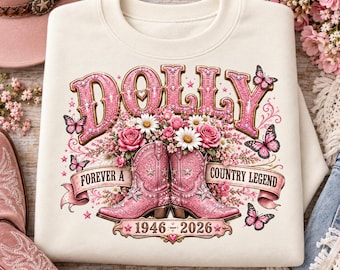 Dolly Tribute PNG, Pink Cowgirl Boots Design, Country Music Legend Memorial Graphic, Western Floral Sublimation PNG