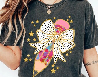 Christmas Pencil Teacher Png Teacher Coquette Bow Png Teacher Christmas Shirt Design Gift for Teacher Glitter Brushstroke Sublimation Design