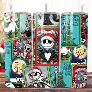 May include: A stainless steel tumbler with a colorful design featuring Jack Skellington from The Nightmare Before Christmas. The design includes a Christmas tree, a ghost, and the text "Scary Christmas to one and all".