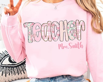 Preppy Teacher Life PNG, Boho Floral Checkered Custom Teacher Sublimation Design, Trendy Coquette Classroom Graphic Png