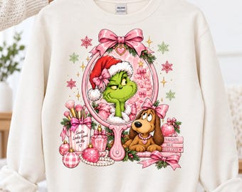 Pink Christmas PNG, Green Holiday Character Mirror Design, Coquette Christmas Dog Graphic, Girly Holiday Sublimation PNG