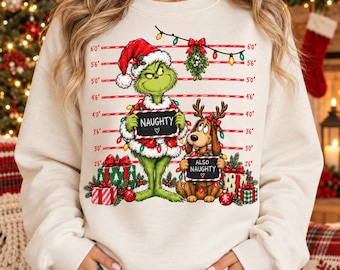 Christmas Mugshot PNG, Naughty Holiday Character Design, Funny Christmas Dog Graphic, Festive Lights Sublimation PNG