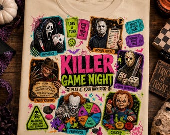 Killer Game Night PNG, Retro Horror Slasher Halloween Design, Spooky Board Game Night Sublimation Download