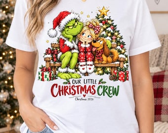 Our Little Christmas Crew PNG, Green Holiday Character Girl Dog Design, Cute Christmas 2026 Festive Friends Sublimation PNG