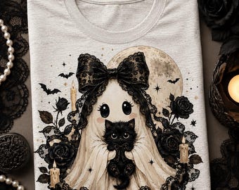 Halloween Ghost Cat PNG, Black Bow Gothic Sublimation