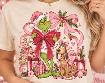 Pink Christmas PNG, Green Holiday Character Bow Design, Cute Christmas Dog Graphic, Coquette Holiday Sublimation PNG
